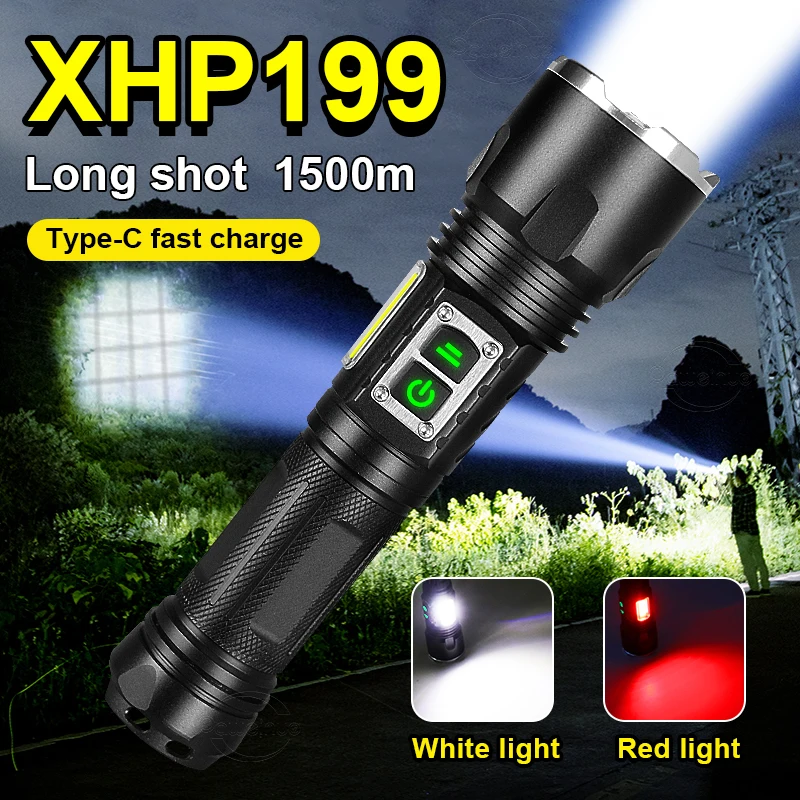 

Новый обновленный мощный светодиодный фонарик XHP199 18650, перезаряжаемый тактический фонарик XHP90, мощный фонарик с USB, фонарь для кемпинга