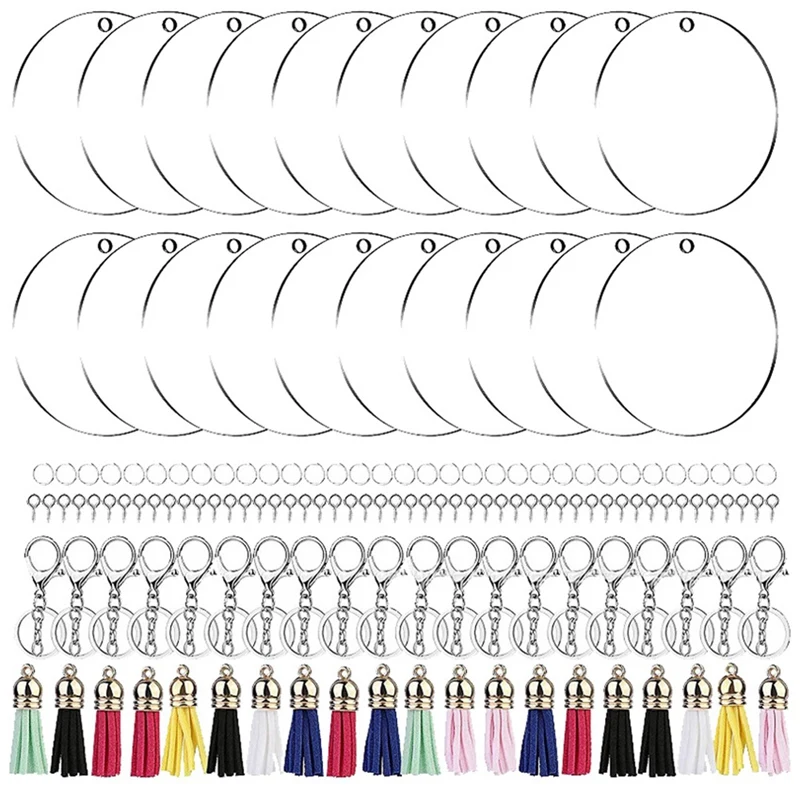 

260Pcs Acrylic Keychain Blanks Kit With Key Rings Jump Rings Round Clear Discs Circles Colorful Tassel Pendants For DIY