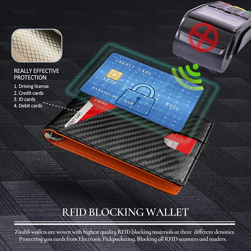 DIENQI Carbon Fiber Rfid Men Wallets Money Clip Slim Thin Card Holder Money Bag Luxury Male Small Short Purse Bifold Coin Wallet images - 6