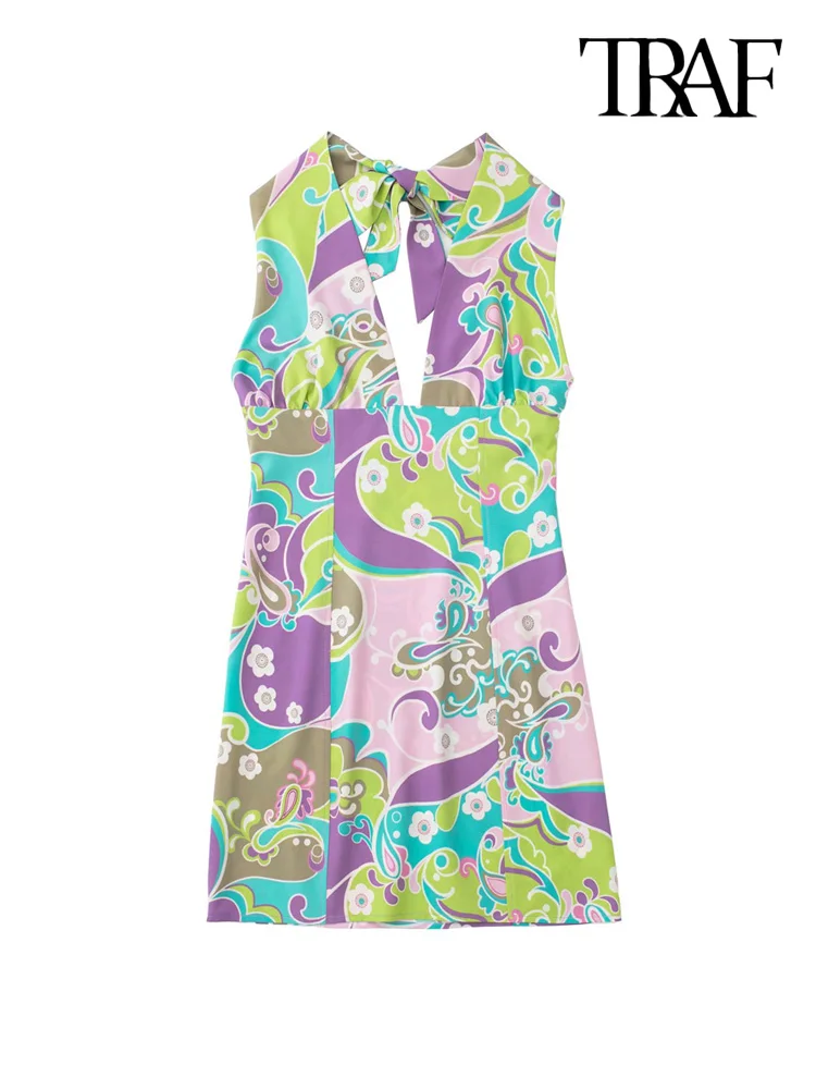 

TRAF Women Fashion With Tied Halterneck Printed Mini Dress Vintage Backless Side Zipper Female Dresses Vestidos Mujer