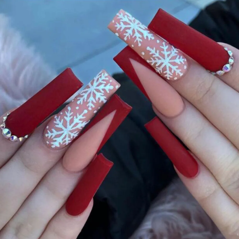 

3D Christmas fake nails set press on faux ongles french long coffin tips DIY manicure Supplies red white snowflakes false nails