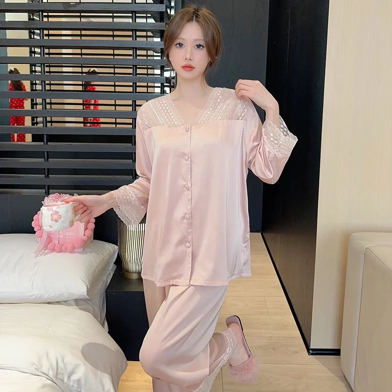 Autumn Women's High-End Feel Ice Silk Pajama Set V-Neck Casual Cardigan Long Sleeves Korean Style Solid Color Homewear