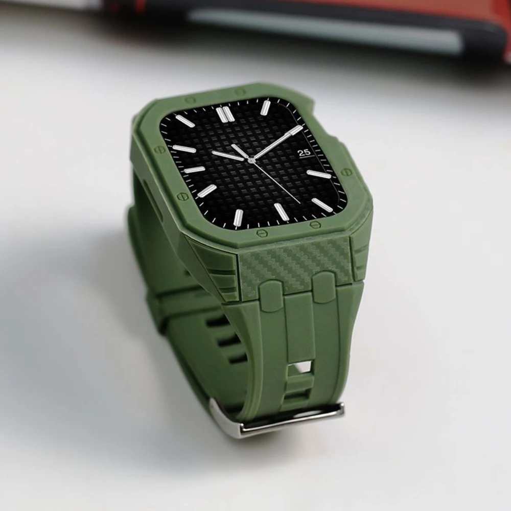 Silicone Strap Mod Kit For Apple Watch Series 8 7 45mm Band Carbon Fiber Case For iWatch Series SE 6 5 4 3 44mm 42mm Rubber Band