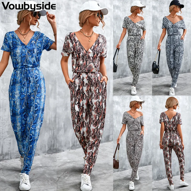 

Summer Women's Jumpsuit V-Neck Short Sleeve Leopard Print Casual Jumpsuit