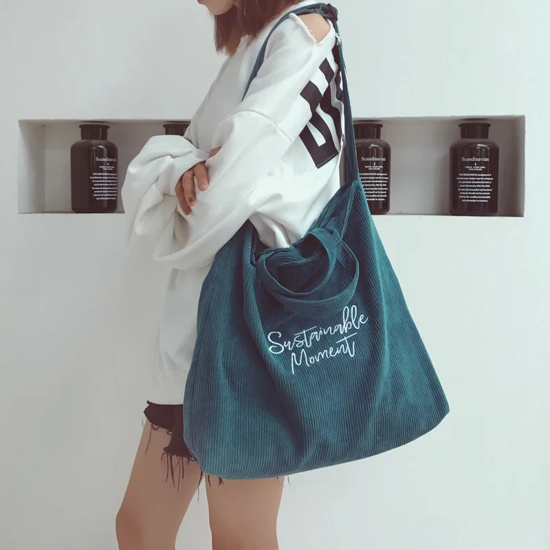 

Corduroy bag for women new artistic embroidered letters tote bag retro college style one-shouldered Oblique across handbag bag