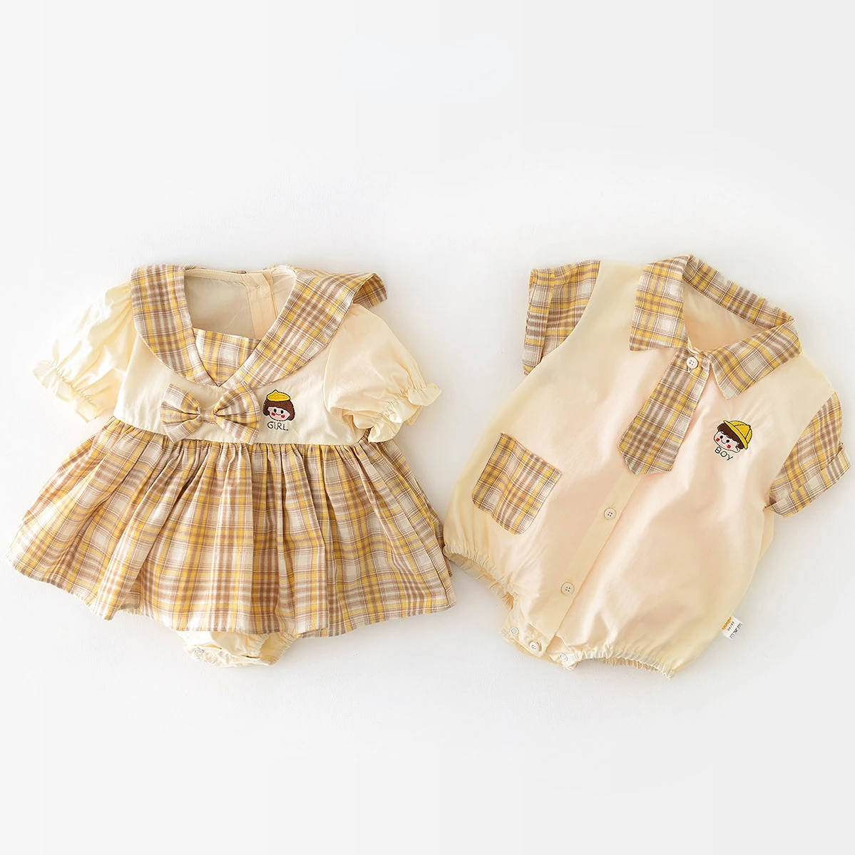 

5198B Newborn Clothes Brother Sister Clothes 2023 Summer College Style Boy's One Piece Clothes Girl's Romper Skirt Dress