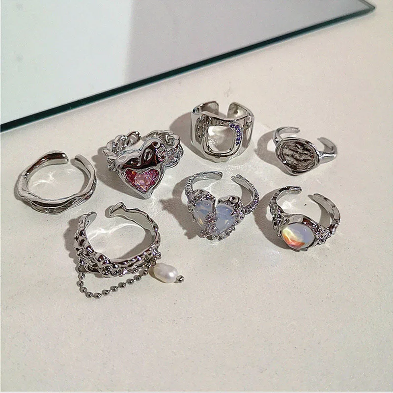 

Kpop Grunge Aesthetic Y2K Pink Gems LOVE Heart Open Ring for Women BFF Wedding Luxury Vintage Jewelry EMO Accessories 2022