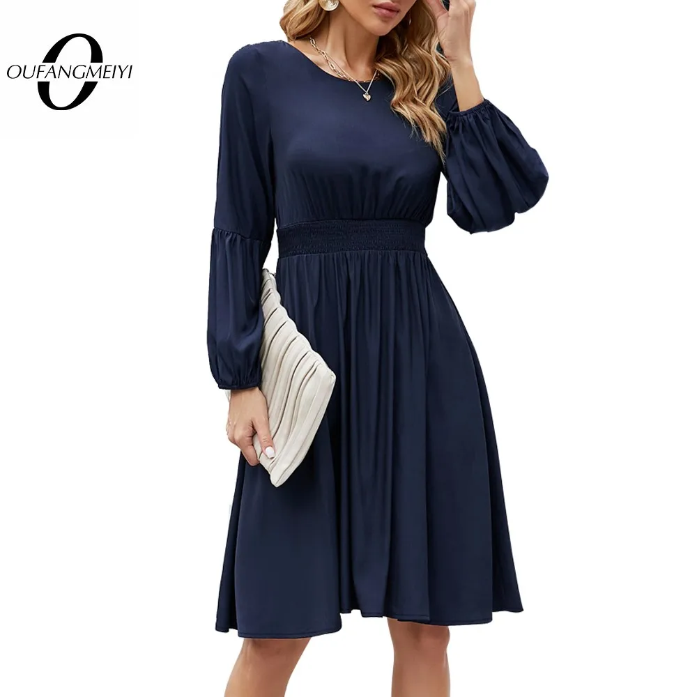 

Осеннее женское модное однотонное темно-синее Повседневное платье-клеш EA360