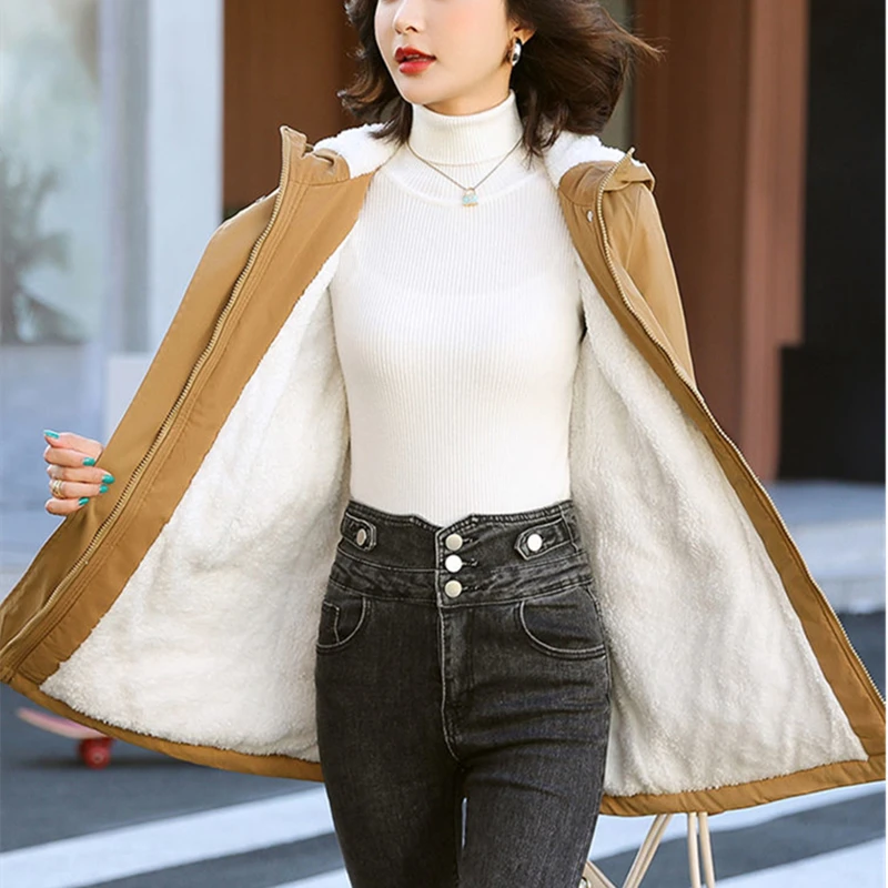 Mid-length Cotton Padded Thicken Plus Velvet Coat Women Hooded Overcoat Snow Wear Windbreaker Casual Jacket Loose Parkas Top