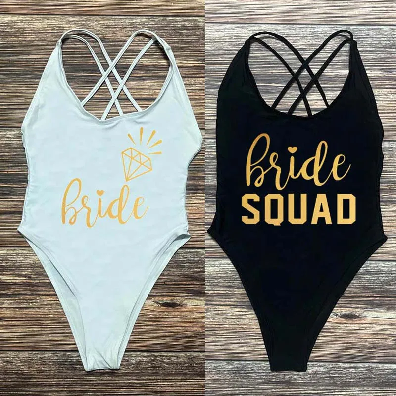 Swimwear Women Bachelorette Party One Piece Swimsuit Bride &amp Squad Bathing Suit High Cut Cross Back Summer Beachwear 2XL |