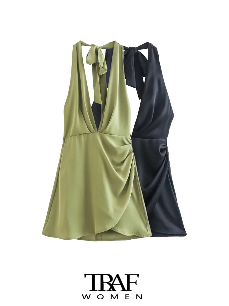 

Платье-мини атласное Плиссированное с лямкой вокруг шеи и открытой спиной