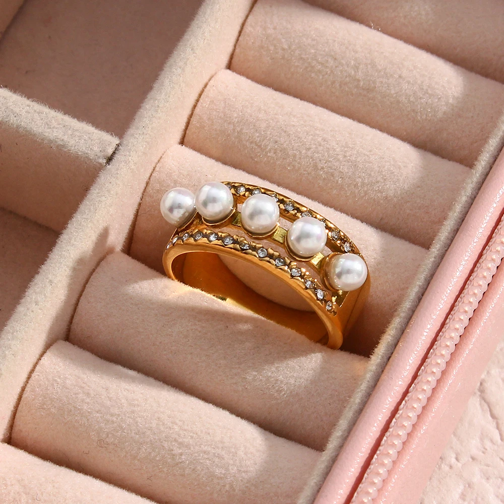 

Exquisite Pearl Zircon Crystal Women Ring Stainless Steel 18K Gold Plated Hollow Jewelry Anillos Mujer Different Sizes