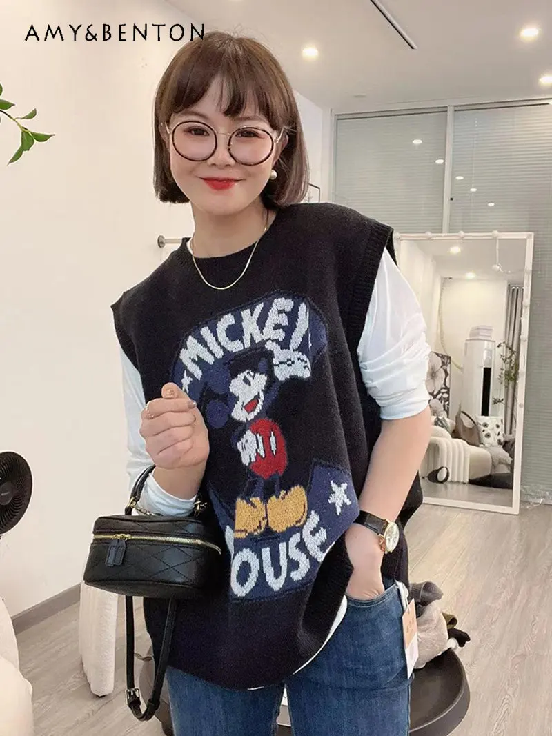 

Autumn Cartoon Jacquard Knitted Sweater Vest for Women Bandage Dress Vest for Women Casual Round Neck Sweater Pullover Tops