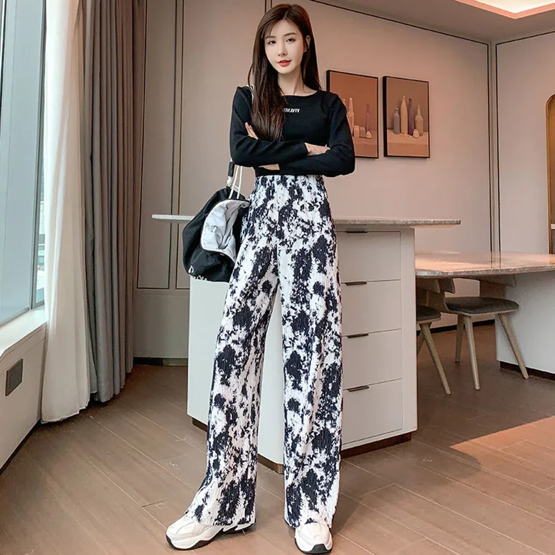 Women's Tie Dyed Wide Leg Pants Pleated Style Gradient Casual Pants Loose Skinny Straight Trousers Elastic Waist 90-93cm Length