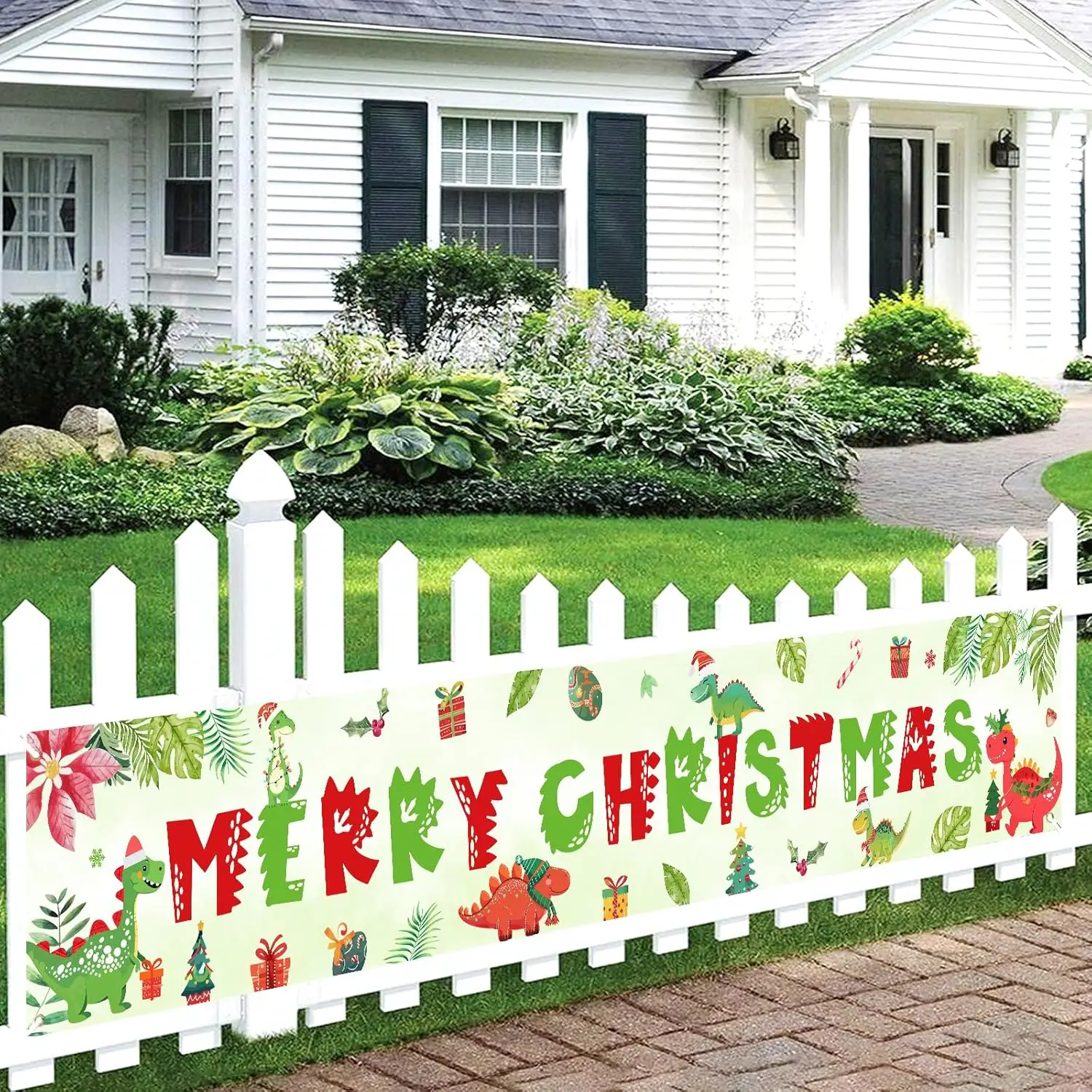 Большой динозавр Cheereveal 20X120 дюймов Рождественский ярдовый баннер с красным и