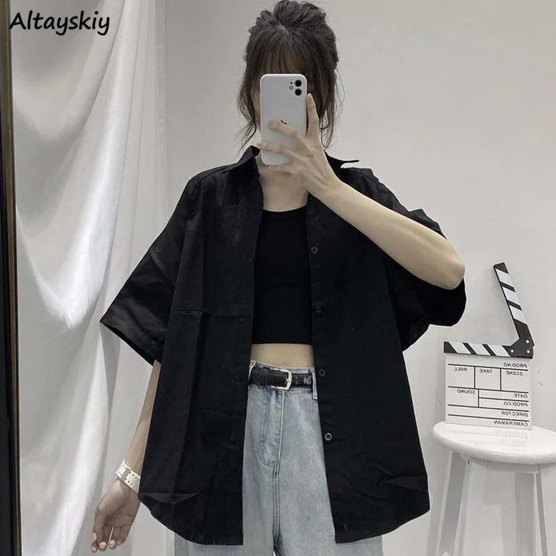 

Женская Однотонная рубашка Ulzzang BF, Элегантная универсальная уличная одежда в стиле Харадзюку с коротким рукавом, пуговицами и отложным воро...