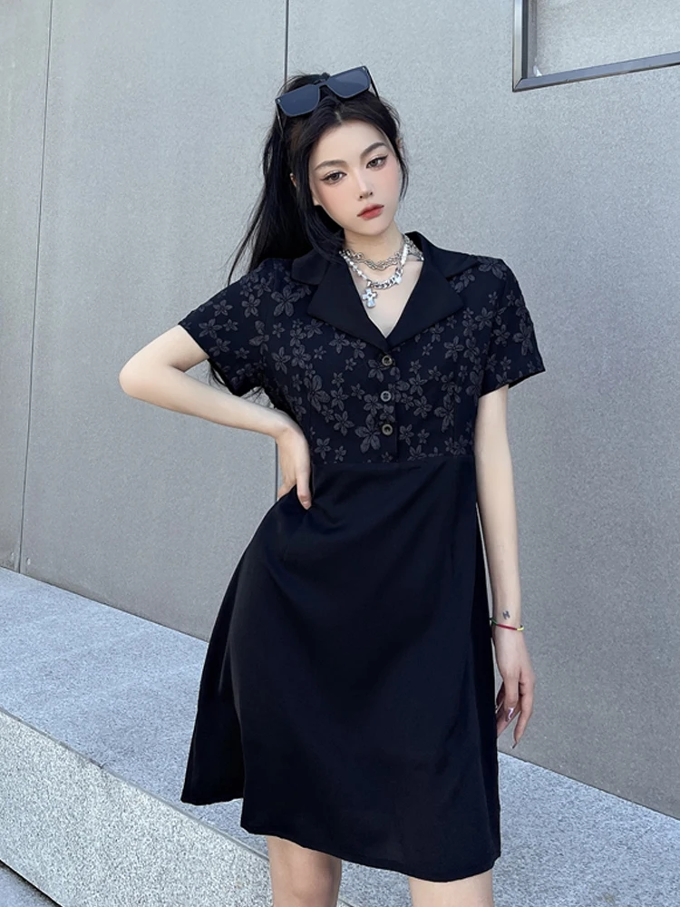 

Streetwear Harajuku Diablo Style Black Mini Dresses Vintage Floral Splicing Loose Leisure Short Sleeve Wild Pullover Dress