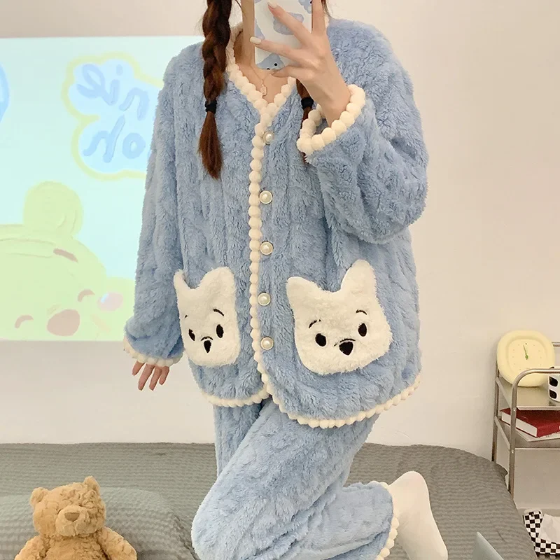 

Пижама женская фланелевая осенне-зимняя утепленная Милая Корейская версия детской одежды Комплект из двух предметов Пижама для женщин