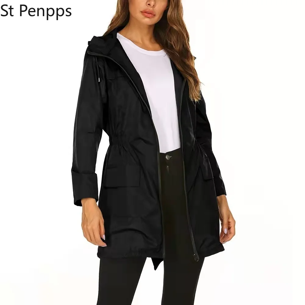 Женская ветровка дождевик Базовый стиль на молнии с карманами длинным рукавом