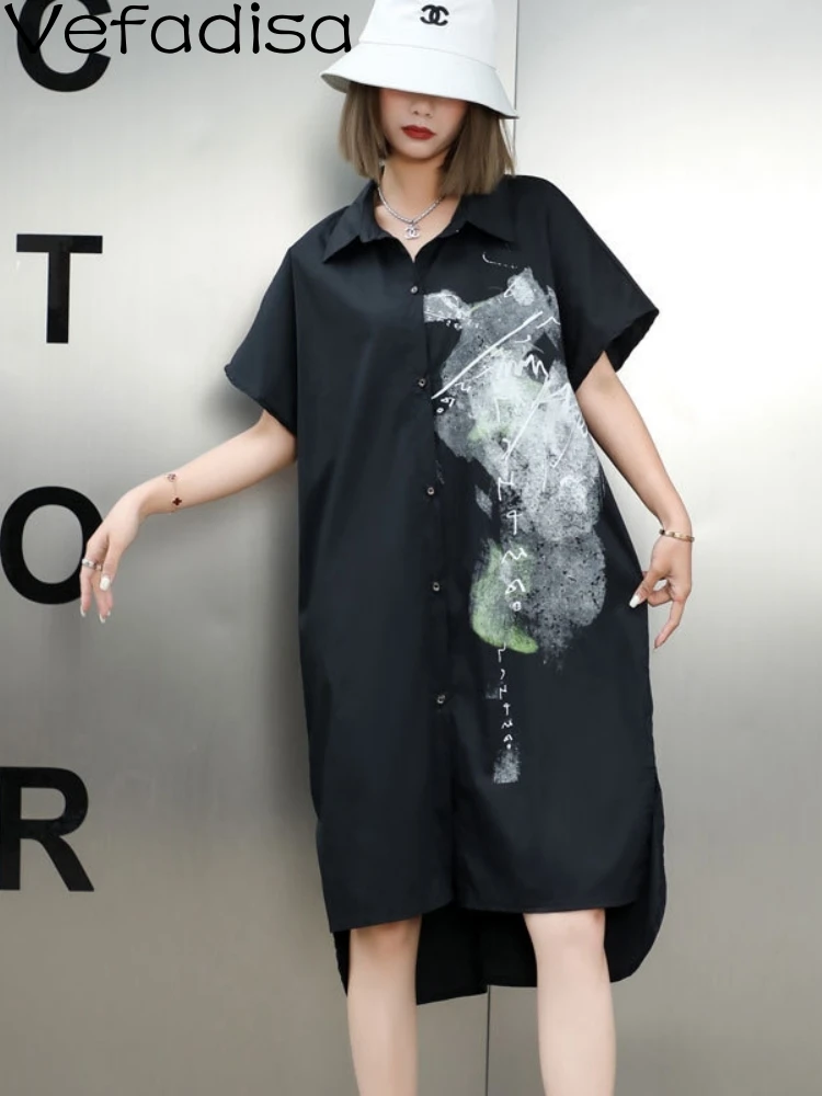 

Vefadisa 2023 Summer Women Shirt Dress Printed Irregular Black Top Personalized Asymmetric Trendy Girl Casual Dress ZY1093