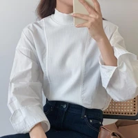 causal fluffy korean version of knitted ladies long sleeved stitching shirt autumn and winter half high neck pullover top
