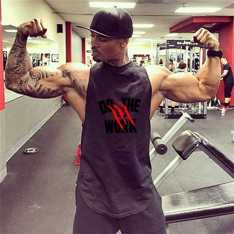 

Mens Sportswear Sleeveless T-Shirt Printed Tank Top Fitness Singlets Bodybuilding Cotton Gym Clothing Men Workout Vests