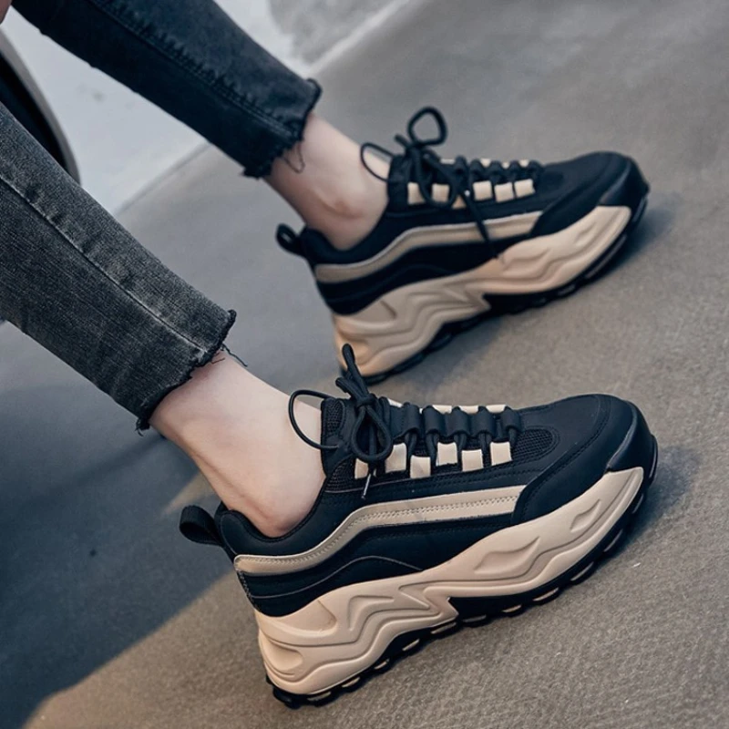 

Women Sneakers Casual Shoes Two-layer Leather Thick Sole Non-slip Solid Color Round Breathable