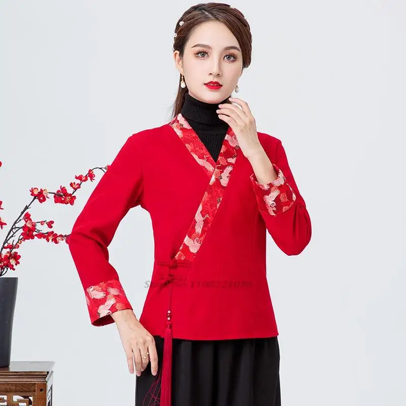 

2022 ethnic style coat chinese jacket women national crane print oriental tang suit traditional vintage tea service hanfu coat