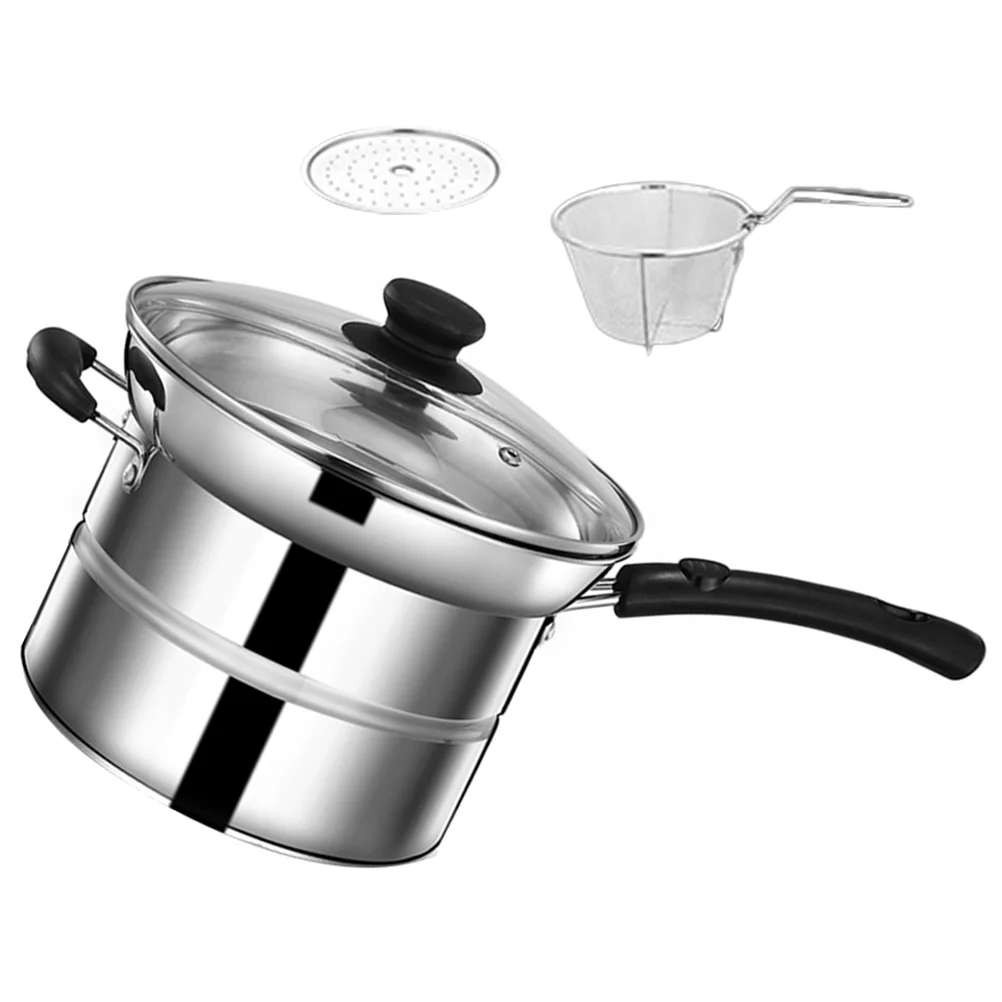 

Stainless Steel Steamer Sauce Pan Single Handle Small Saucepan Pot Lid Fryer Chip Pans Basket Stockpot