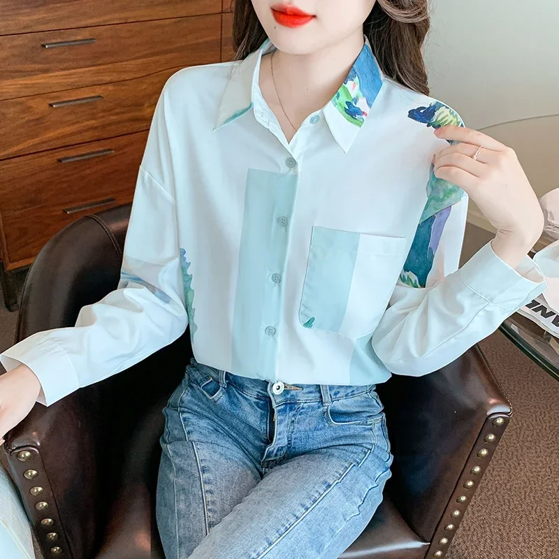 Женская шифоновая блузка с длинным рукавом Свободный Топ отложным воротником и