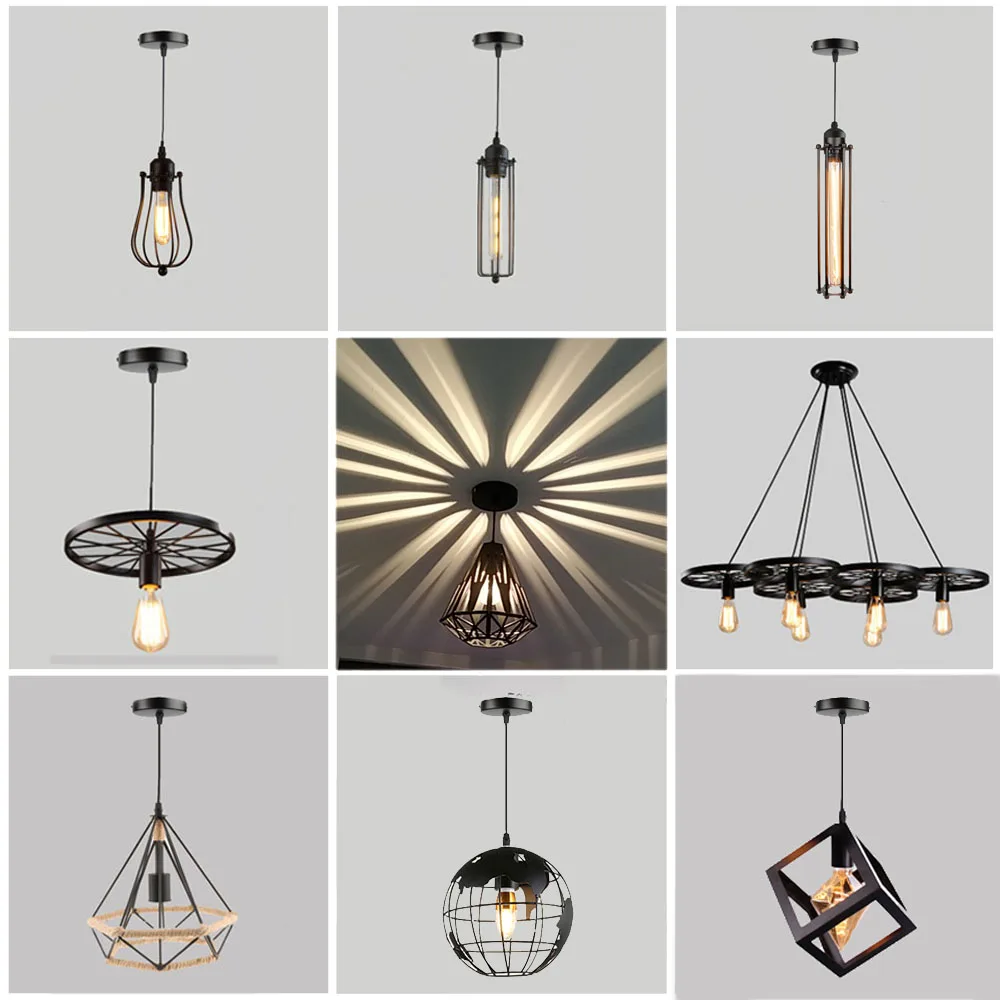 Vintage Industrial Pendant Lights Hanging Lamp Modern Nordic Black Iron Cage Retro Loft Metal Lamps Edison E 27 Indoor Lighting |