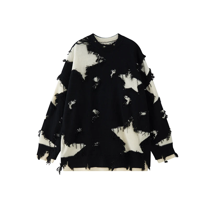 Свитер со звездами и отверстиями американский нишевый пуловер с необработанными