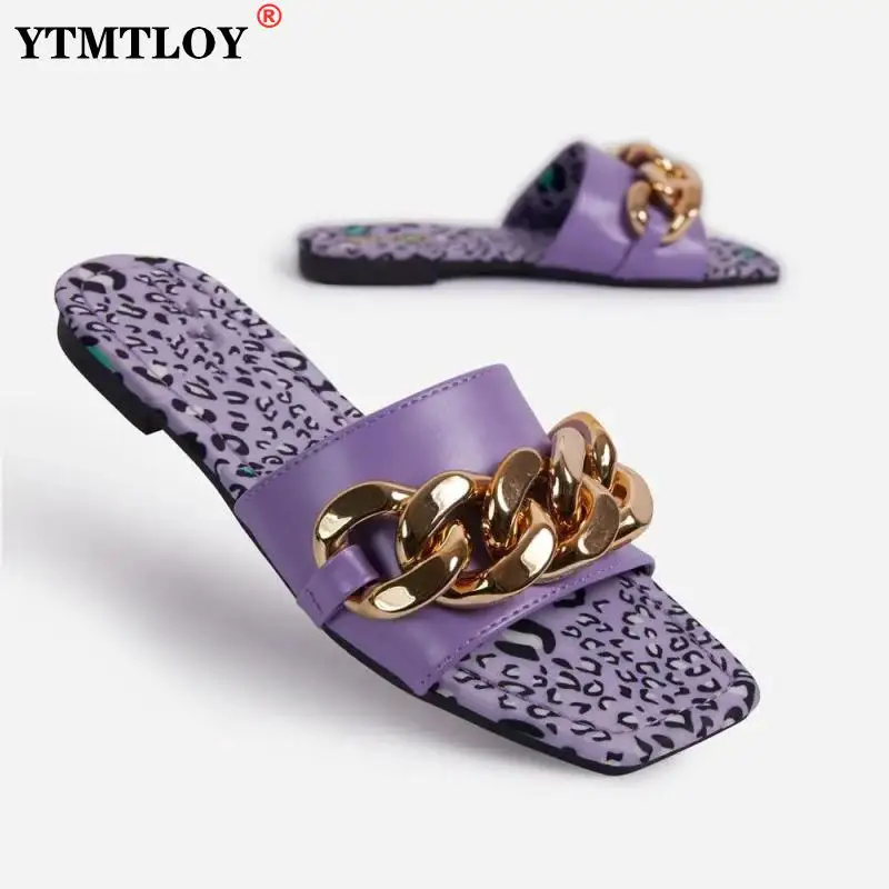 

Slippers Summer Pu Leather Women Fashion Mule Shoes Slides Patchwork Sandal Ladies Zapatos Mujer Peep Toe Sexy Leopard Chain 6