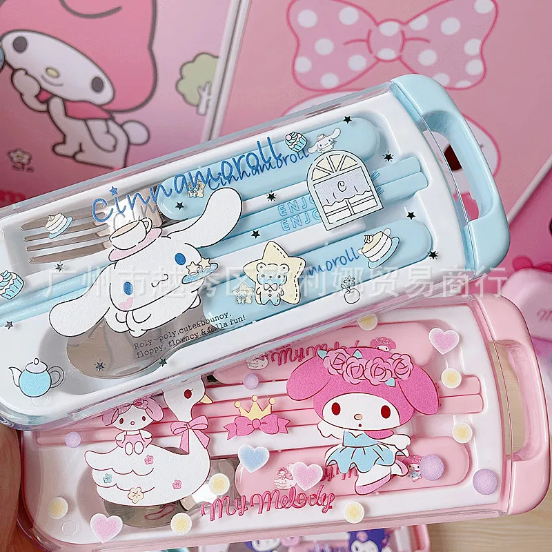 

Sanrio Hellokitty Mymelody Kuromi Purin Cinnamoroll Cute Fork Chopsticks Spoon Set Portable Tableware Storage Box Three-piece