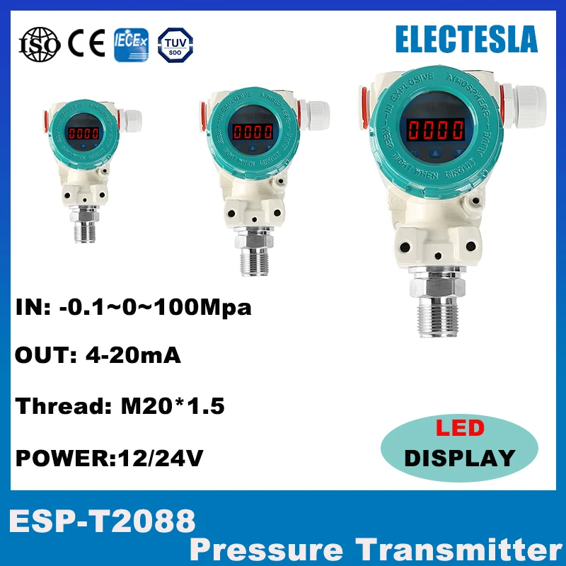 led 2088 pressure sensor led display 100Kpa 4-20mA output water tank oil gas diffused silicon pressure M20*1.5 or G1/4 24VDC