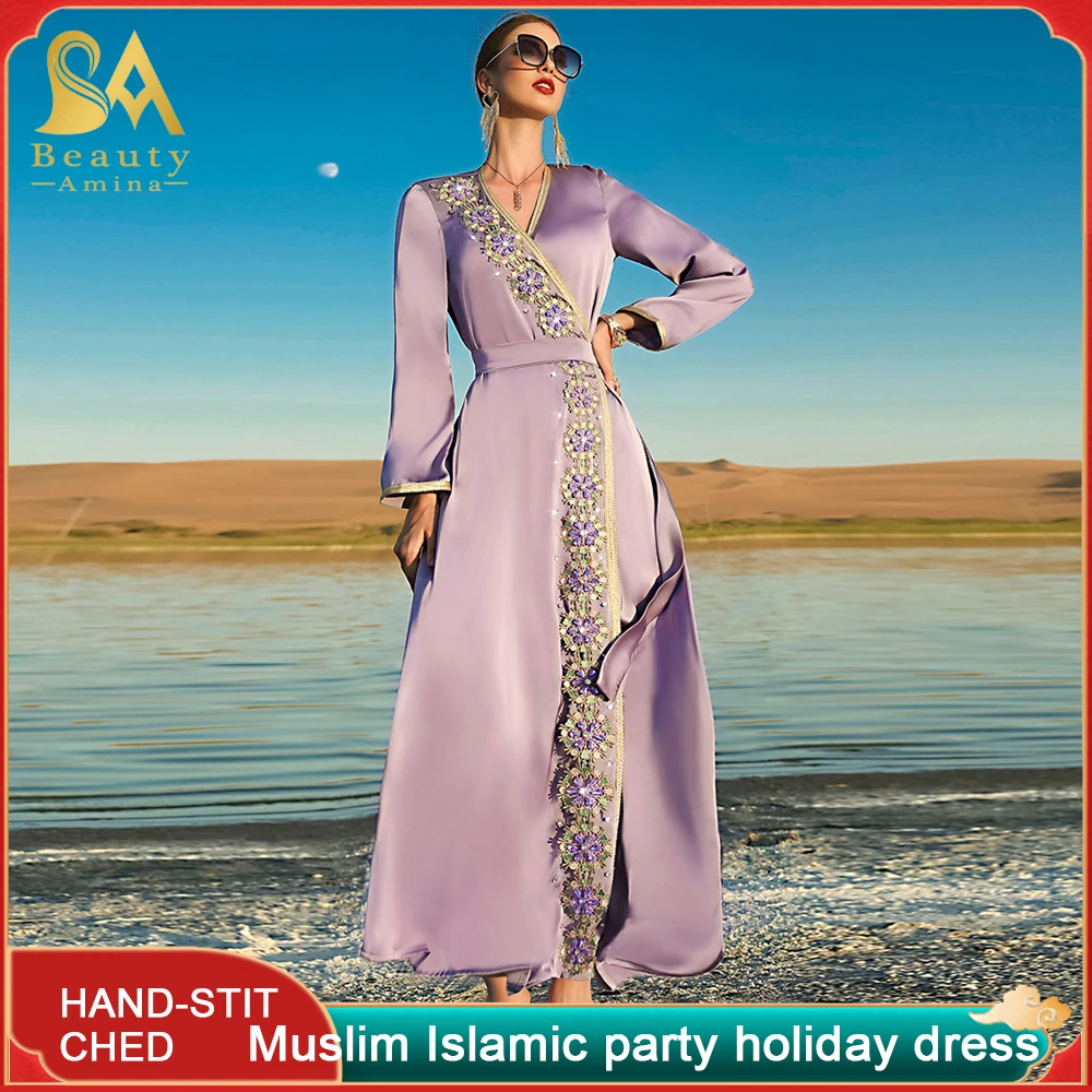 Muslim Robe Fog Purple New Hand-Stitched Diamond Dress Dubai Travel Net Red Dress Party Muslim Islamic Party Holiday Dress Robe