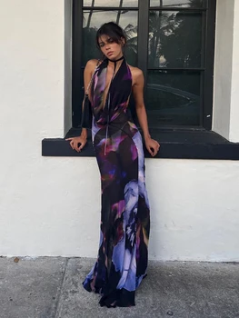 Backless Maxi Dress Women Sexy Purple Print Halter Bodycon Dress Summer Beach Outfits Elegant Sleeveless Club Party Dress 2022 2