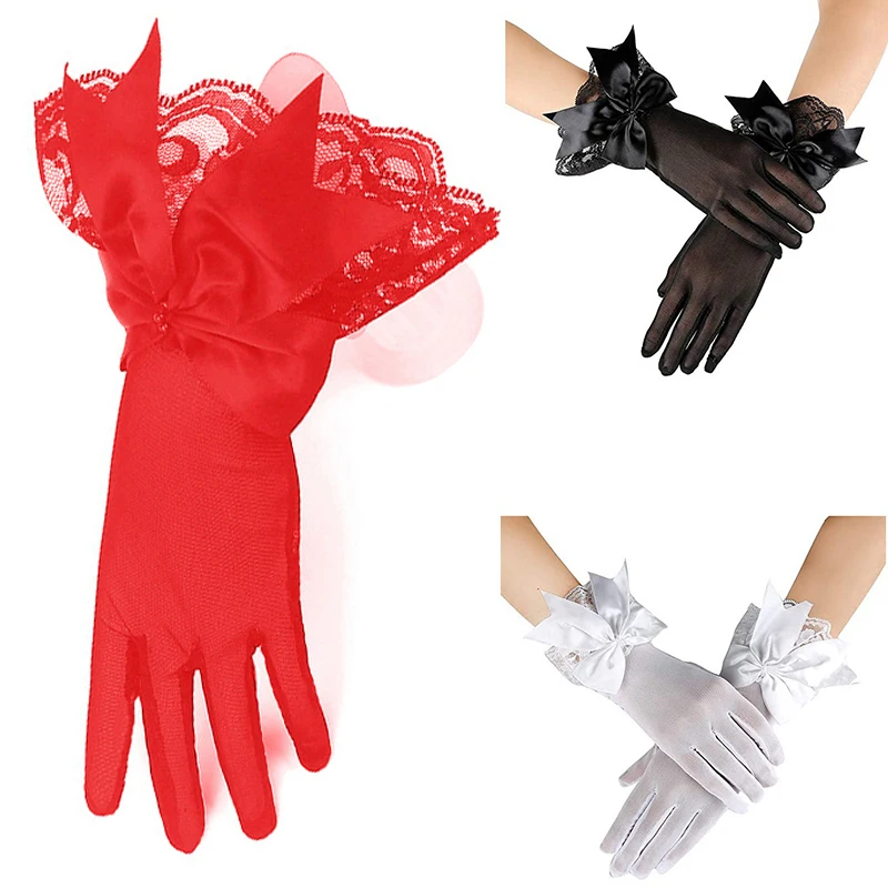 Женские кружевные сетчатые перчатки, женские черные, белые перчатки на запястье с большим бантом, женские свадебные перчатки, аксессуары для косплея