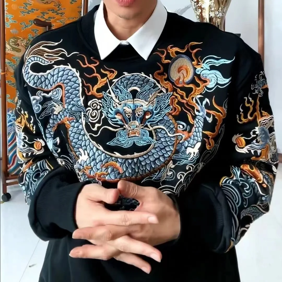 Мужская куртка с принтом дракона и облаков длинным рукавом в традиционном