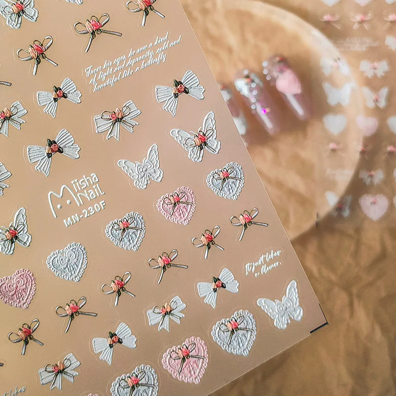 Акриловая гравированная наклейка для ногтей розовый богемный сердец бабочка Самоклеящиеся Переводные Слайдеры для ногтей Обертывания Маникюр фольга Z0682