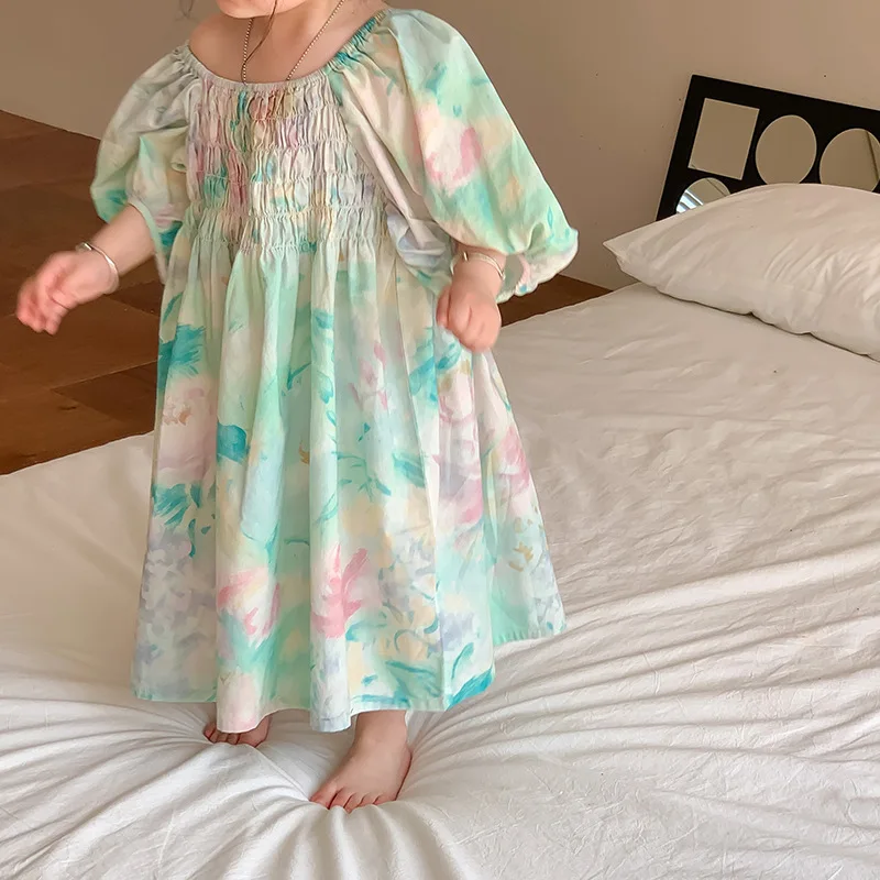 

Parent-Child Clothes Mother and Daughter Ink Painting Dress 2022 Summer New Korean Girl Flower Long Dress