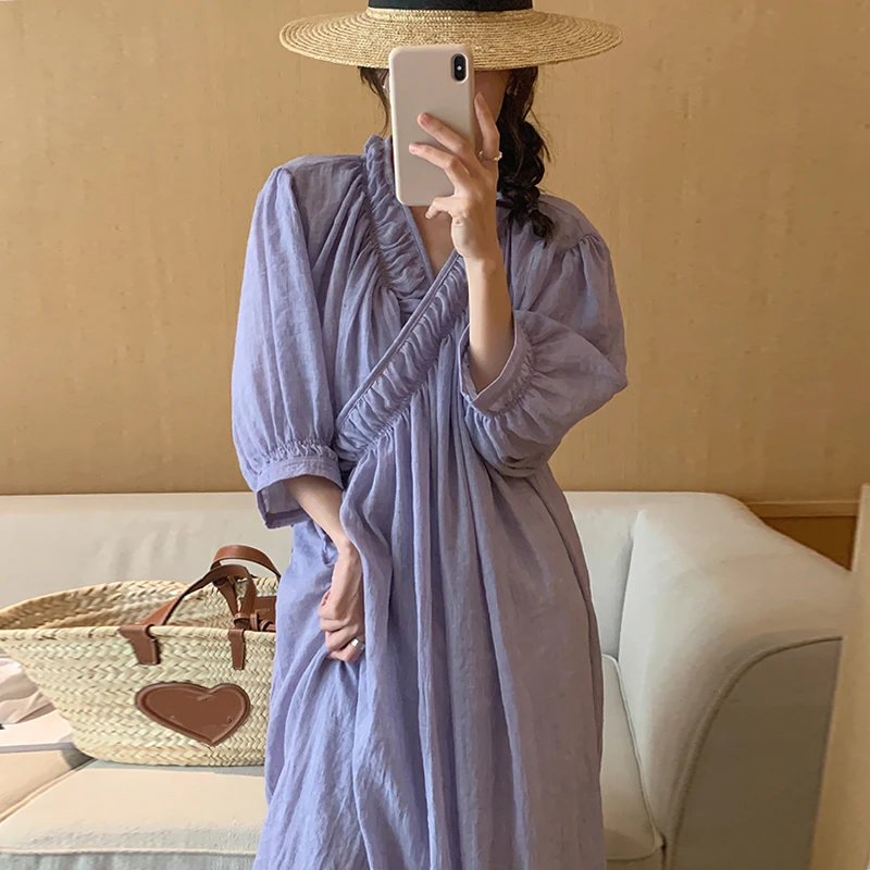 

Summer Elegant V-neck Woman Dress Cross Loose One Piece Robe Korean Chic Long Puff Sleeve Vestido Feminino