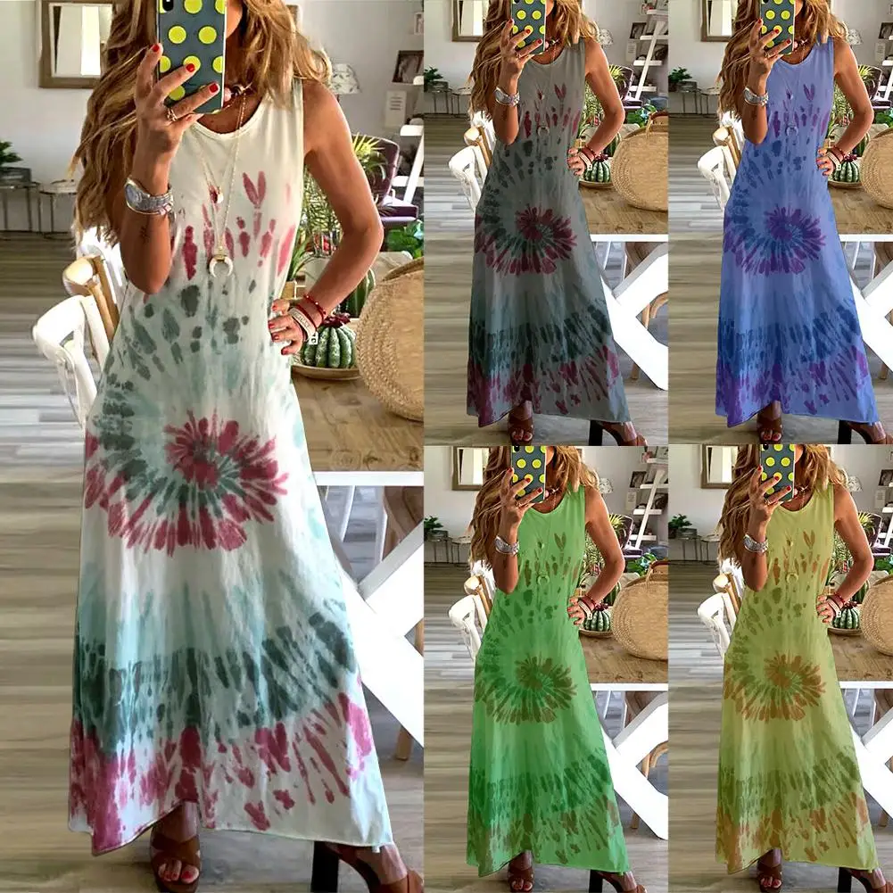 

Summer Casual Women Maxi Dress Sexy Robe Women Casual O Neck Sleeveless Swirl Print Large Hem Beach Loose Long Dress 2022
