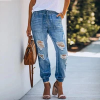 elastic waist lace up big pocket trousers with holes autumn high waist straight ripped womens jeans female cords denim pants