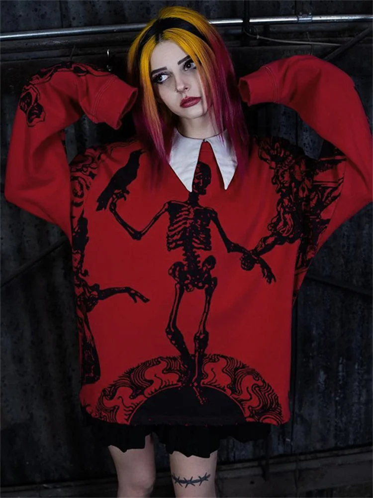 

Gothic Dark Halloween Skeleton Print Loose Long-sleeved Top Y2k Vintage tops 2022 New Autumn Women Knitted Casual Sweater Women