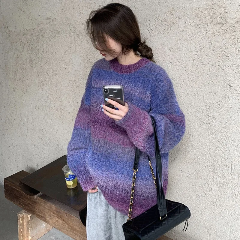 Зимний градиентный свитер женский вязаный пуловер большого размера с принтом