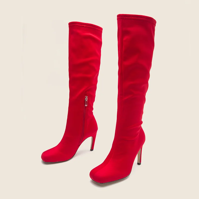 

Women Knee High Boots Flock Square-Toe Calf Boots Thin High Heel Boots Female Purple Green Sexy Trend trend high heels Boots New