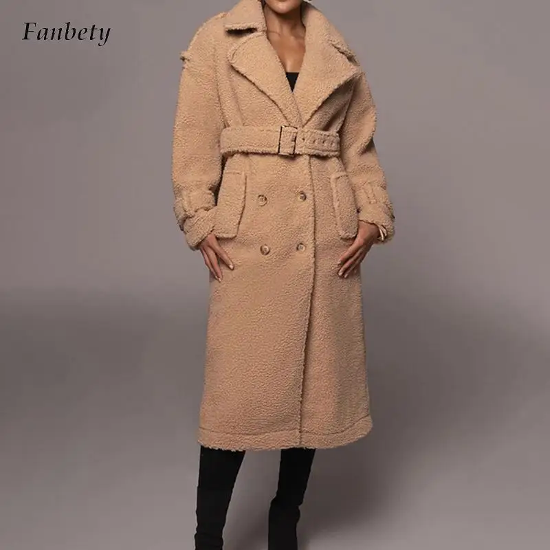 

Women Fashion Lapel Button Lace-up Outercoats Autumn Winter Elegant Thick Lambswool Long Coats Casual Long Sleeve Woolen Jackets