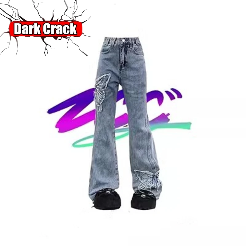 

Винтажные Женские джинсы-трубы Y2k в стиле Харадзюку, с высокой талией и вышивкой бабочки, женские широкие брюки, свободные прямые джинсовые брюки