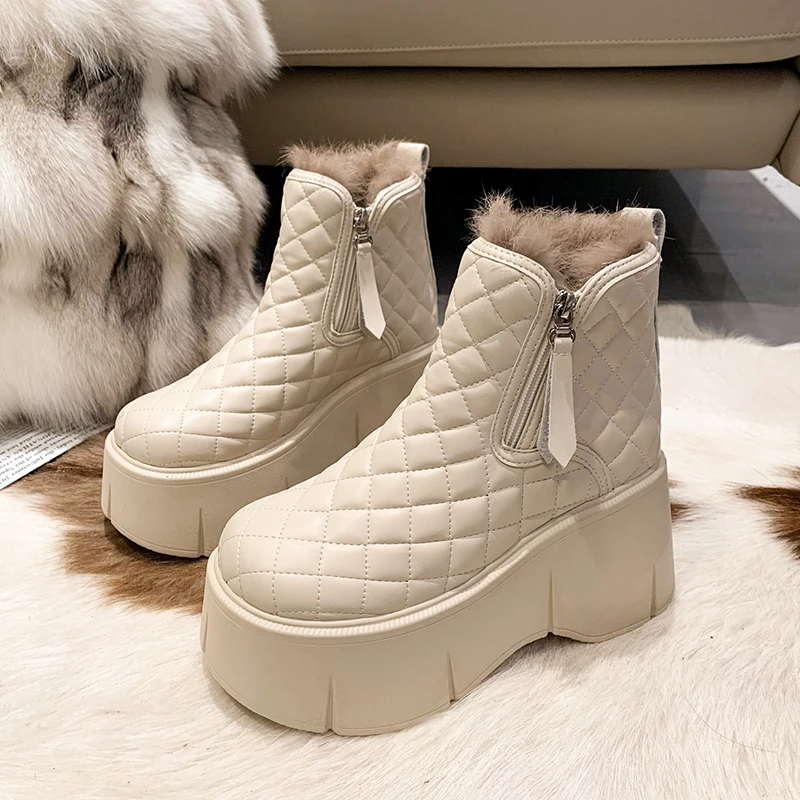 

Thick Plush Warm Snow Boots Women Winter 2023 Fur Thick Bottom Cotton Padded Shoes Woman PU Leather Platform Ladies Ankle Boots